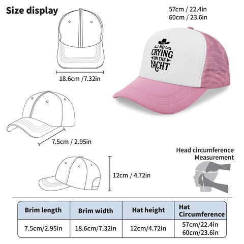 Diagram showing pink womens baseball cap breathable low profile washed distressed style sun visor hat with six air vents size measurements