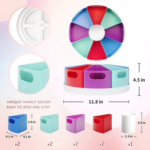 Lazy Susan Art Supply Caddy With Nine Handy Compartments Built For Student Desks And Classrooms Slick Spin Craft Markers Crayons And Pencil Holder, colorful detachable trays and ball bearing base.