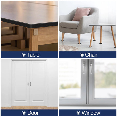 66ft self-adhesive foam weatherstripping tape; shown on table edge, chair legs, door, and window
