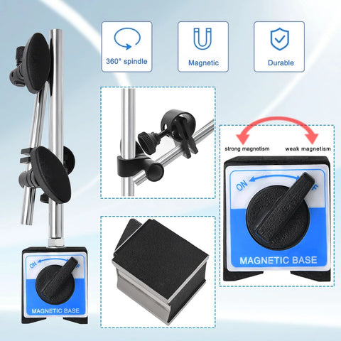 Front view of dial indicator with magnetic base and long arm, mounted on metal stand; 0–1 in range, 0.001 in precision.