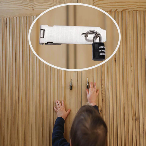 Child reaching for cabinet with 2 Pack 5 Inch 304 Stainless Steel Hasps Latch Set with code lock installed