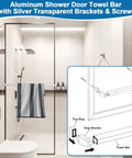 Top Shelf 30 Inch Bright Chrome Glass Shower Door Towel Bar With Sleek Silver Clear Brackets And Easy Peasy Handle Replacement For Framed Tub Enclosures That Nails A Spot On Thirty One Inch Fit, displayed with towel.
