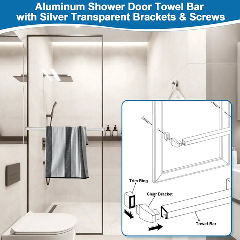 Top Shelf 30 Inch Bright Chrome Glass Shower Door Towel Bar With Sleek Silver Clear Brackets And Easy Peasy Handle Replacement For Framed Tub Enclosures That Nails A Spot On Thirty One Inch Fit, displayed with towel.