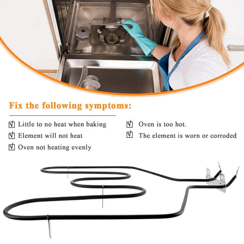 Upgrade WB44T10011 Oven Bake Element for GE, Hotpoint, Kenmore ranges shown with installation guide and symptoms addressed.