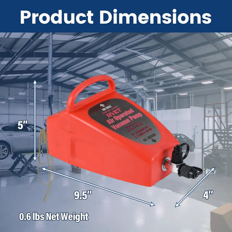 4.2 Cfm Pneumatic Vacuum Pump Air Operated Evacuation Tool For Automotive Air Conditioner Systems showing dimensions 5" height, 9.5" length, 4" width, lightweight design.