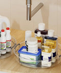 Three Pack Lazy Susan Turntable Organizer Set For Cabinets Pantry Fridge And Countertop Storage with cleaning supplies