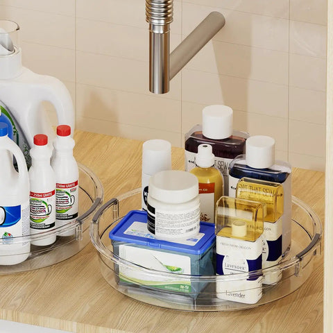 Three Pack Lazy Susan Turntable Organizer Set For Cabinets Pantry Fridge And Countertop Storage with cleaning supplies