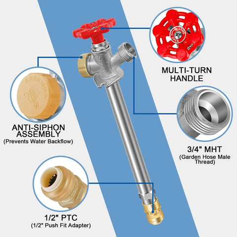 Frost Free Outdoor Sillcock With Anti Siphon Backflow Preventer, Lead Free Brass Frost Proof Faucet Bib With Half Inch Push To Fit Connector