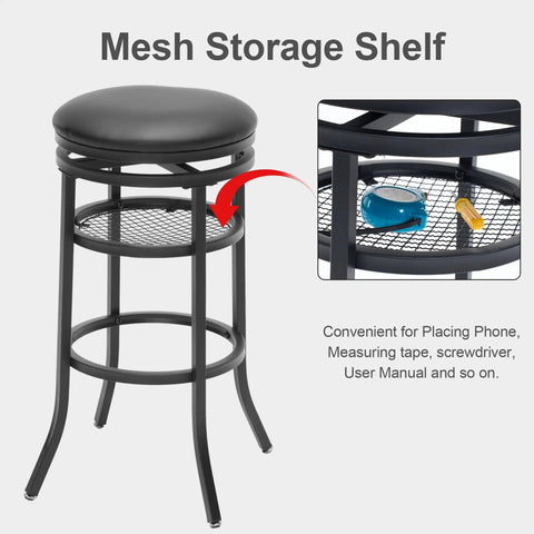 Swivel Industrial Shop Stool with Mesh Storage and Footrest 360 Degree Swivel, black stool with mesh shelf and tools.