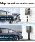 Electric Vehicle Charger Pedestal Stand And Lockable Weatherproof Charging Station Housing shown in heavy snow and rain.