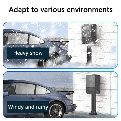 Electric Vehicle Charger Pedestal Stand And Lockable Weatherproof Charging Station Housing shown in heavy snow and rain.