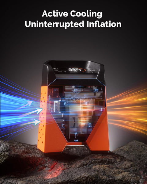 Zephyr S3 Cordless Tire Inflator Portable Air Compressor with 160 PSI Max showing active cooling system in vivid orange.