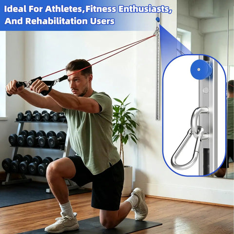 Man using Built Tough Adjustable Resistance Band Wall Anchor Mount System for strength training in home gym.