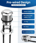 Pre-wired 12V Momentary Push Button Switch 12mm Metal Waterproof Push Button Silver Normally Open SPST 2 Pin diagram with features
