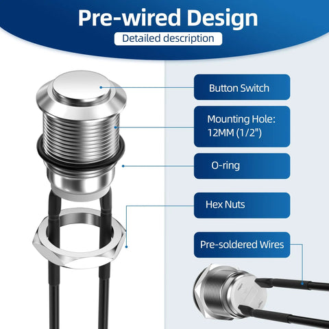 Pre-wired 12V Momentary Push Button Switch 12mm Metal Waterproof Push Button Silver Normally Open SPST 2 Pin diagram with features