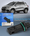 Mass Air Flow Sensor MAF Compatible With Chevy Cruze Sonic Trax 1.4L 1.8L 2.0L 2.4L Engines Buick Encore Verano 1.4L 2.0L Replacement Replaces MAS0321 0280218419 12671624 shown in front of a Chevy SUV with packaging.