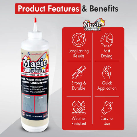 Front view of a bottle of Tan 1.4 Lb Crack Filler For Concrete Masonry And Asphalt, Easy No Mess Pour And Water Activated Repair, Durable Weather Resistant