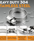 Close-up of Beefed-Up 304 Stainless Steel Hose Clamps Kit With 175 Pieces, showing adjustable clamp and screw details.