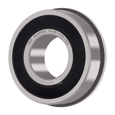 Close-up of a chrome steel flanged deep groove ball bearing, 5/8 inch bore by 1-3/8 inch hub, sealed design