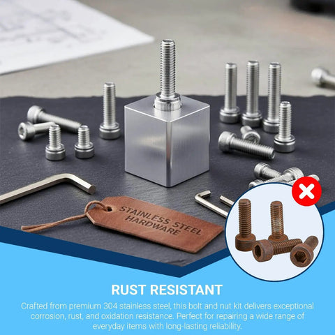 All In One Metric Screw Kit With M2 M3 M4 M5 Bolts, Nuts, Lock Washers And Flat Washers, 304 stainless screws on display