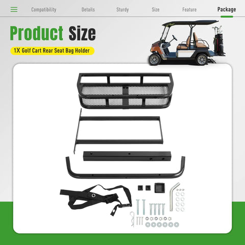 Heavy Duty Golf Cart Rear Seat Bag Holder Rack For 2 Inch Receiver Fits EZGO Yamaha Club Car with installation components
