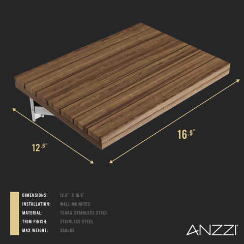 Wall Mount Foldable Teak Shower Bench 17 By 12.6 Inch Teakwood Bath Seat with stainless frame dimensions displayed.