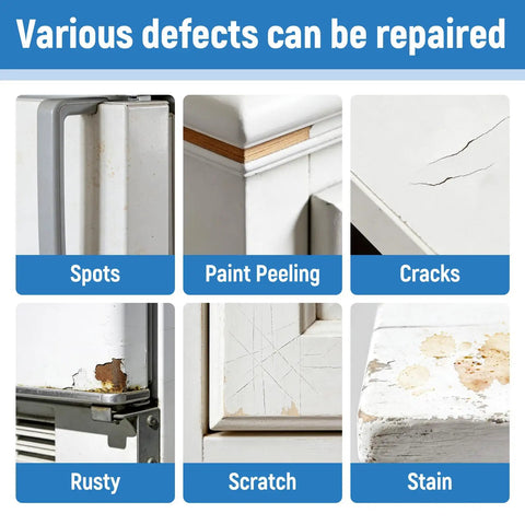Various defects like spots, paint peeling, and scratches on appliances that can be fixed with the White Acrylic Touch Up Paint Pen Brings Slick High Gloss Shine For Knocking Out Scratches On Cabinets Wood Walls Doors Metal Appliances And Furniture Smooth As Butter.