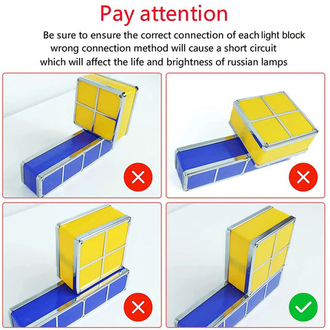 Correct and incorrect stacking of Stackable Night Light With Seven Color LED Glow Interlocking 3D Tangram Puzzle Blocks For Desk And Bedroom Decor US Plug Easy To Build And Color Customize For Cozy Vibes And Late Night Gaming Or Studying