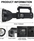 Beast Bright 90000 Lumen Handheld Spotlight Flashlight with rechargeable battery and USB interface, showing size and features.