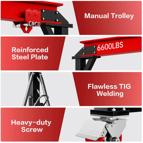 Close-up of Heavy Duty 3 Ton Gantry Crane 6600 Lbs Heavy Liftin Power With Manual Trolley Hook, showcasing reinforced steel plate and TIG welding.