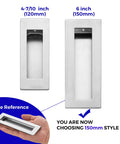 2 Pack Pocket Door Handles For Sliding Closet Doors, Five Point Nine Inch Flush Barn Door Pulls In Brushed Nickel shown in two sizes.