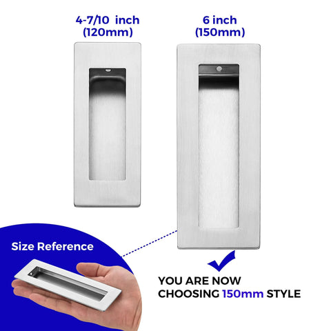 2 Pack Pocket Door Handles For Sliding Closet Doors, Five Point Nine Inch Flush Barn Door Pulls In Brushed Nickel shown in two sizes.