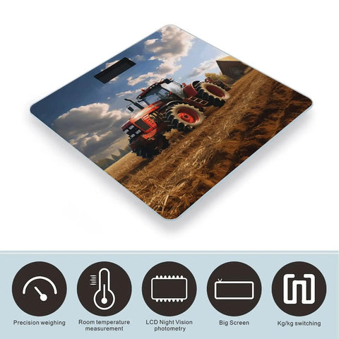 Farm Tractor Inspired Digital Weight Scale With Tempered Glass Platform High Precision Readout Slim Compact Bathroom Scale