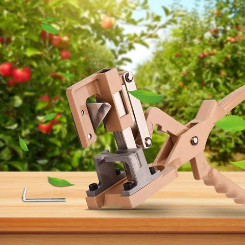 V Cut Grafting Tool For Large Branches Full Metal Body With SK5 Blade on wooden table, lush orchard background