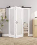 52 Inch By 80 Inch Frosted Glass Bifold Barn Door Kit With 64 Inch Track, Preassembled MDF Panels installed in a modern room