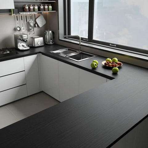 Modern kitchen with Black Wood Peel And Stick Wallpaper 39.6 By 115 Inches Self Adhesive Contact Paper, realistic wood look.