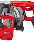 Dead Serious 8 Inch Corded Electric Circular Saw With Dry Cut Metal Cutting Technology And Chiptank Shield, side view with red body and black handle.