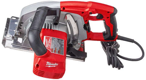 Dead Serious 8 Inch Corded Electric Circular Saw With Dry Cut Metal Cutting Technology And Chiptank Shield, side view with red body and black handle.