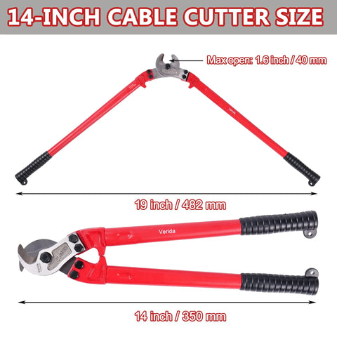 Professional Heavy Duty Cable Cutters 14 Inch Wire Snips Built Like A Tank Using Premium Chrome Vanadium Steel Cuts Thick Copper And Aluminum Core Cables No Sweat Required Bright Red Finish showing 14 inch size with rubber grip handles.