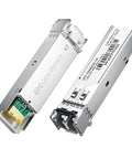 Two Cable Matters 1000BASE-SX SFP to LC multimode fiber transceivers in silver metal enclosures.