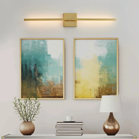 Gold 30 Inch Rotatable Modern Vanity Light With 5CCT LED over paintings and lamp, waterproof enclosed shade