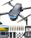 GPS Drone With 4K Camera For Adults Foldable RC Quadcopter With 1312ft Video Transmission 48 Minutes Of Flight Auto Return Follow Me Circle Fly Waypoint Fly Gesture Control components including drone, remote, propellers, and carrying case displayed.