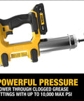 Cordless Grease Gun 20V Max, 10,000 PSI, 2-Speed Variable Delivery, shown from side with oil resistant battery