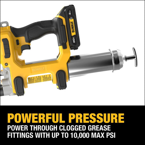 Cordless Grease Gun 20V Max, 10,000 PSI, 2-Speed Variable Delivery, shown from side with oil resistant battery