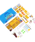 Hands On Electricity And Magnetism Lab Kit With Over 68 Projects, Circuits, Ohms Law, Electromagnet, Motors, And Storage Box For High School Science Class components laid out