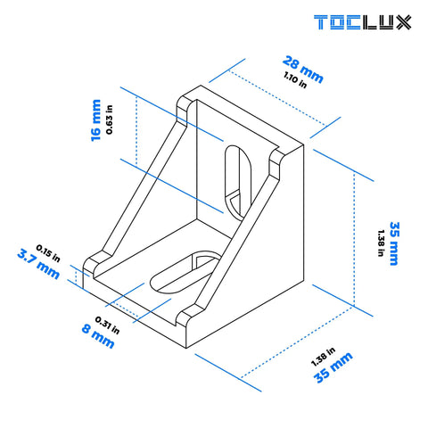 Technical drawing of a bracket from Heavy Duty 3030 Aluminum Extrusion Corner Bracket Kit With 20 Brackets And 40 M6 Spring T Nuts Plus Hex Screws With Ball End Hex Wrench For 30 Series T Slot Extruded Aluminum Rail Hardware showing dimensions