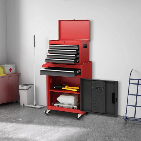 Rolling Tool Chest With Five Drawers, Lockable Wheels, Sliding Drawers, Detachable Top, And Adjustable Shelf in garage