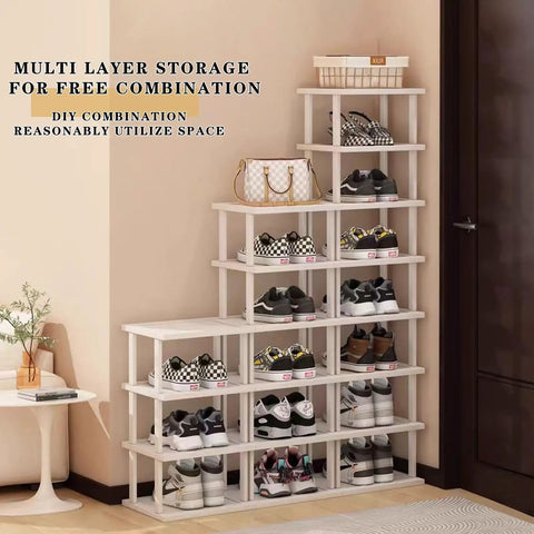 5 Tier Bamboo Shoe Rack Space Saver Vertical Organizer For Tight Spots In Small Spaces showcasing shoes in entryway.