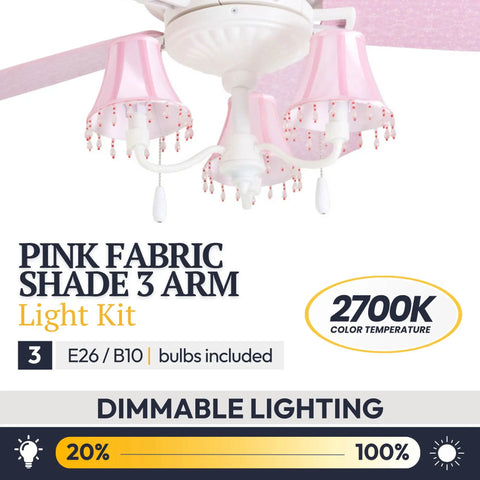 48 Inch Princess Style Indoor LED Ceiling Fan With Light, featuring pink and white fabric shades with beaded accents for kids rooms.