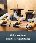 Pawertc 4 In Dust Collection Fittings Kit With Connectors Patented Blast Gates And Stainless Steel Hose Clamps For 3 Machine Setup Woodworking Extraction System Easy To Use on workbench connecting three tools.
